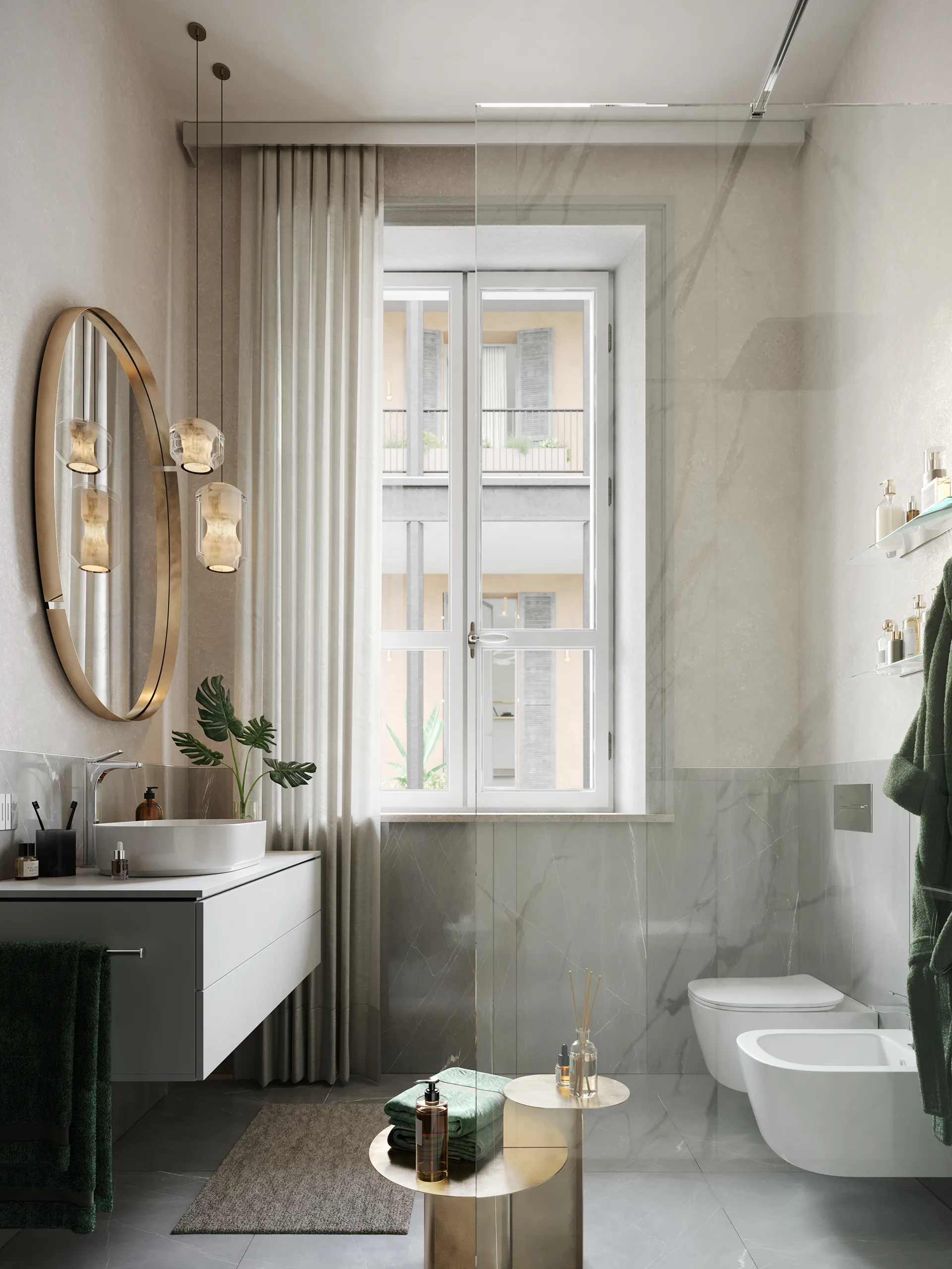 Il bagno, doccia a filo pavimento e luce naturale